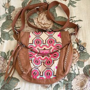 The Sak Silverlake Embroidered  Bohemian Pink and Tan Crossbody Bag